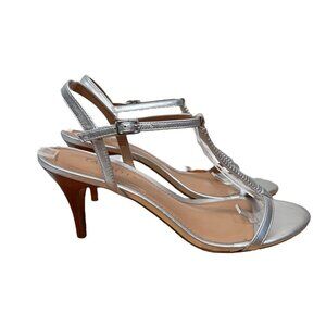 Talbots Silver Open Toe Slingback T-Strap Size 9B Strappy Heel Sandal Party Brun